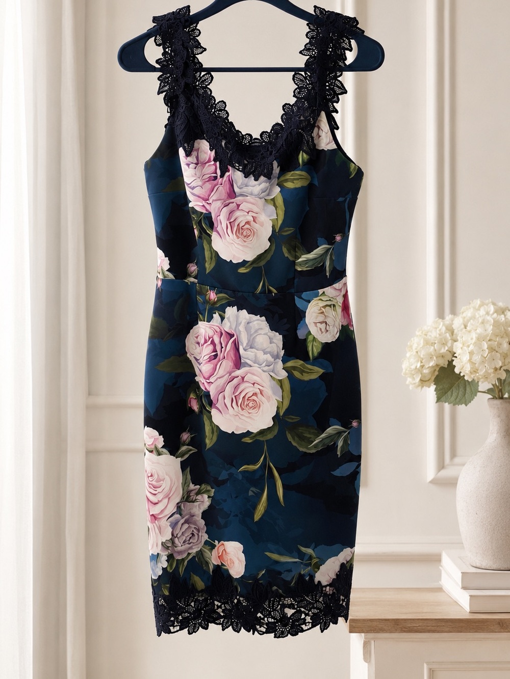 Floral Lace-Trim Dress in Navy and Pink